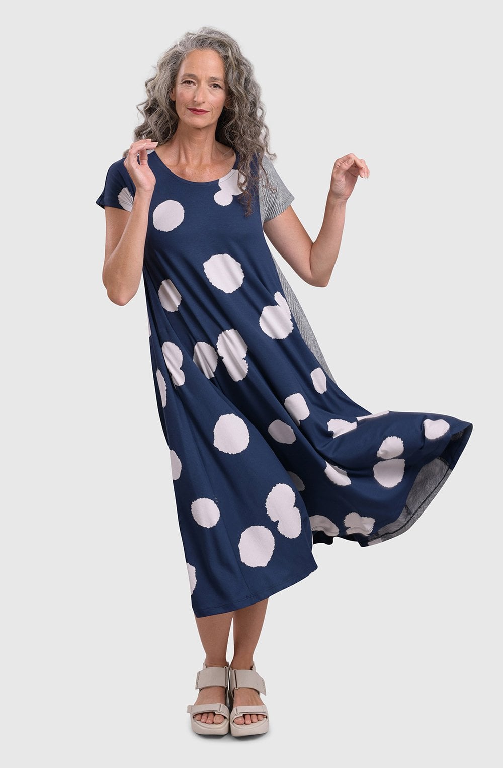 Navy and Off White Stripe and Polka Dot Dress