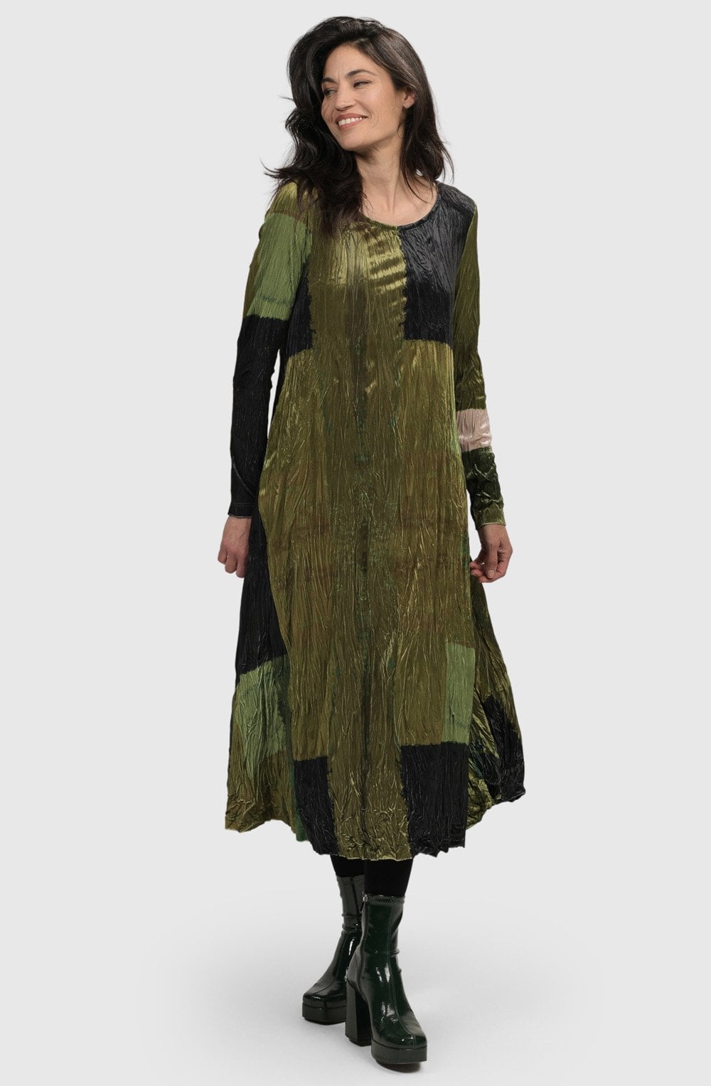 Olive Crinkle Crushed Velvet Dress