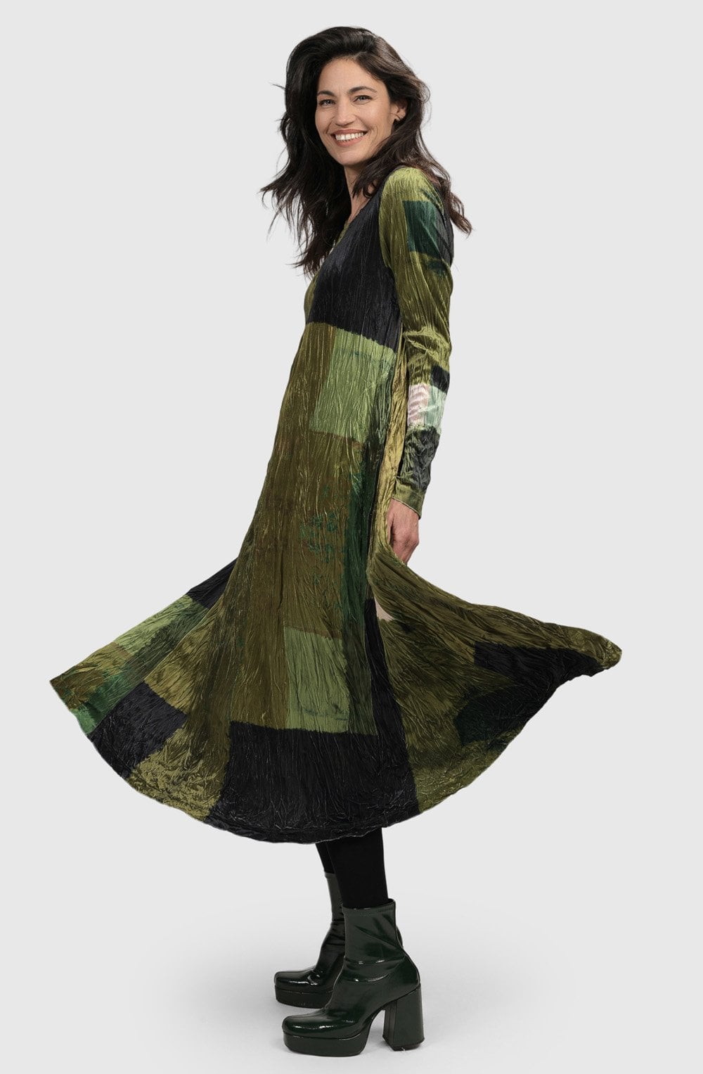Olive Crinkle Crushed Velvet Dress