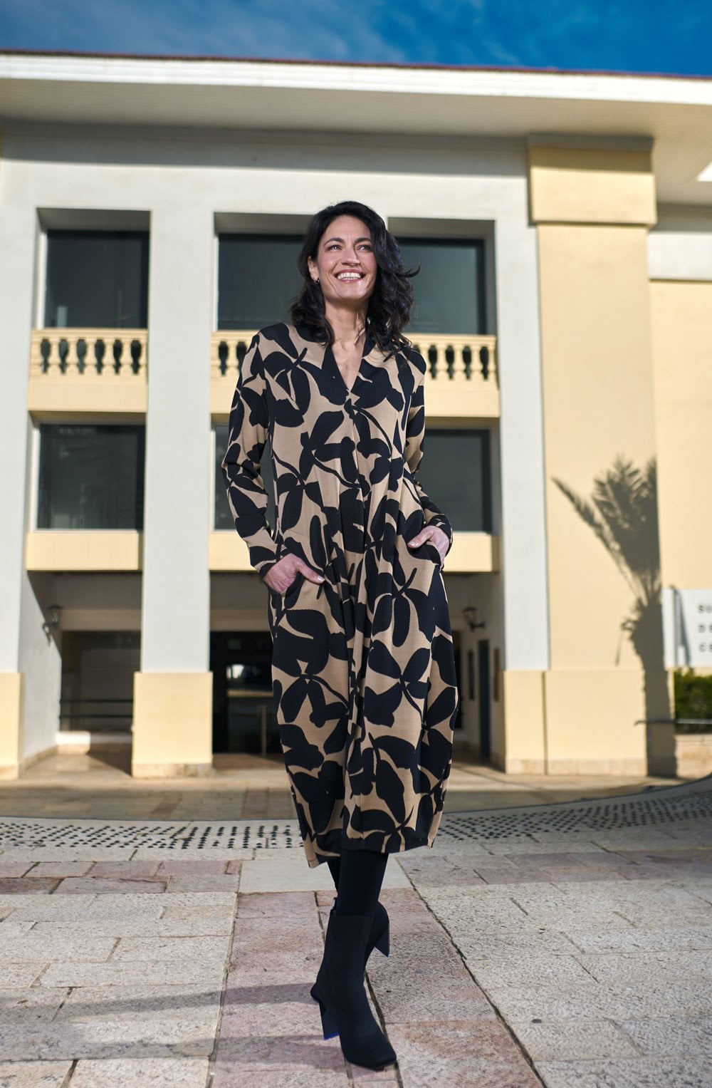 Tan and Black Honore Cocoon Dress