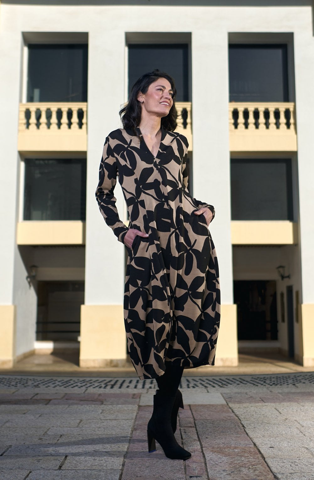 Tan and Black Honore Cocoon Dress