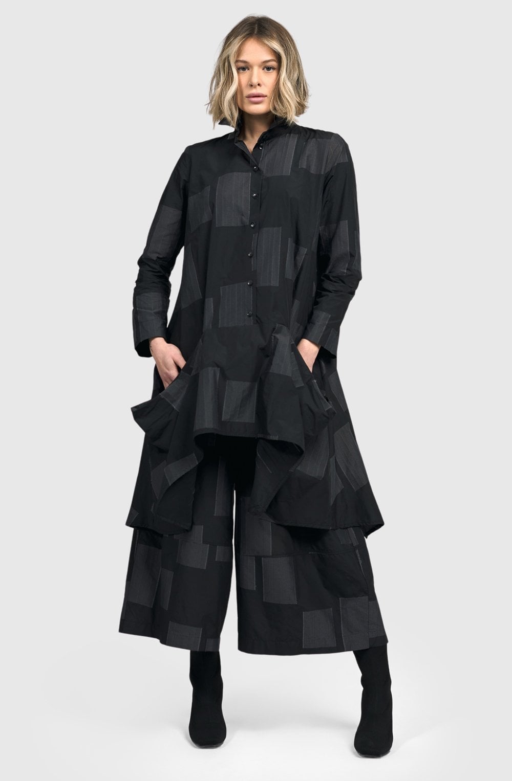 Urban Black and Grey Embroidered Wide Leg Cullottes