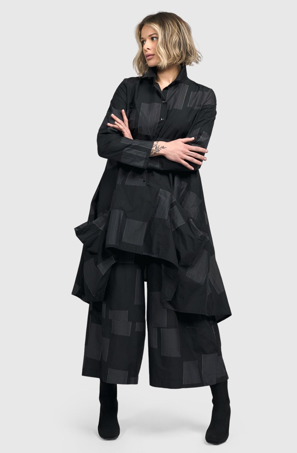 Urban Black and Grey Embroidered Wide Leg Cullottes