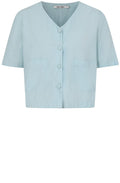 Chalk Blue Linen Mix Button V Neck Top