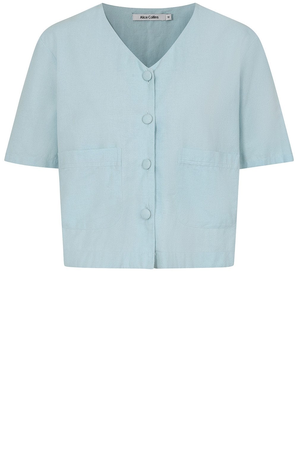 Chalk Blue Linen Mix Button V Neck Top