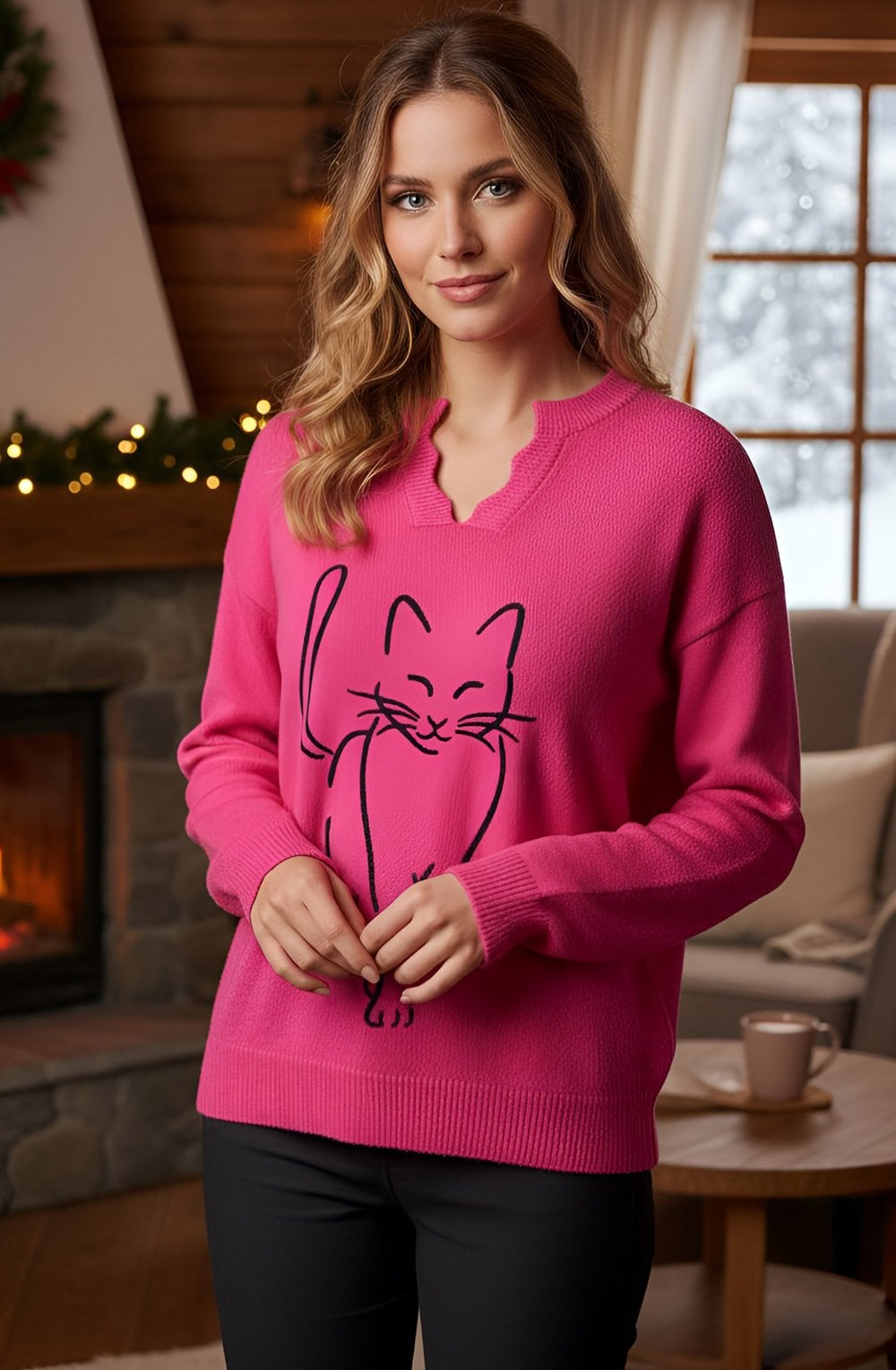 Fuchsia Cat Embroidered Jumper
