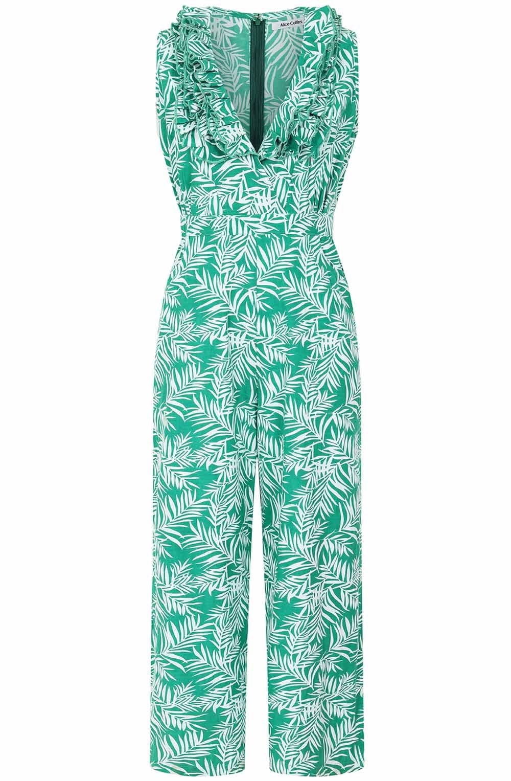 Mint Palm Leaf Kelly Ruffled Jumpsuit