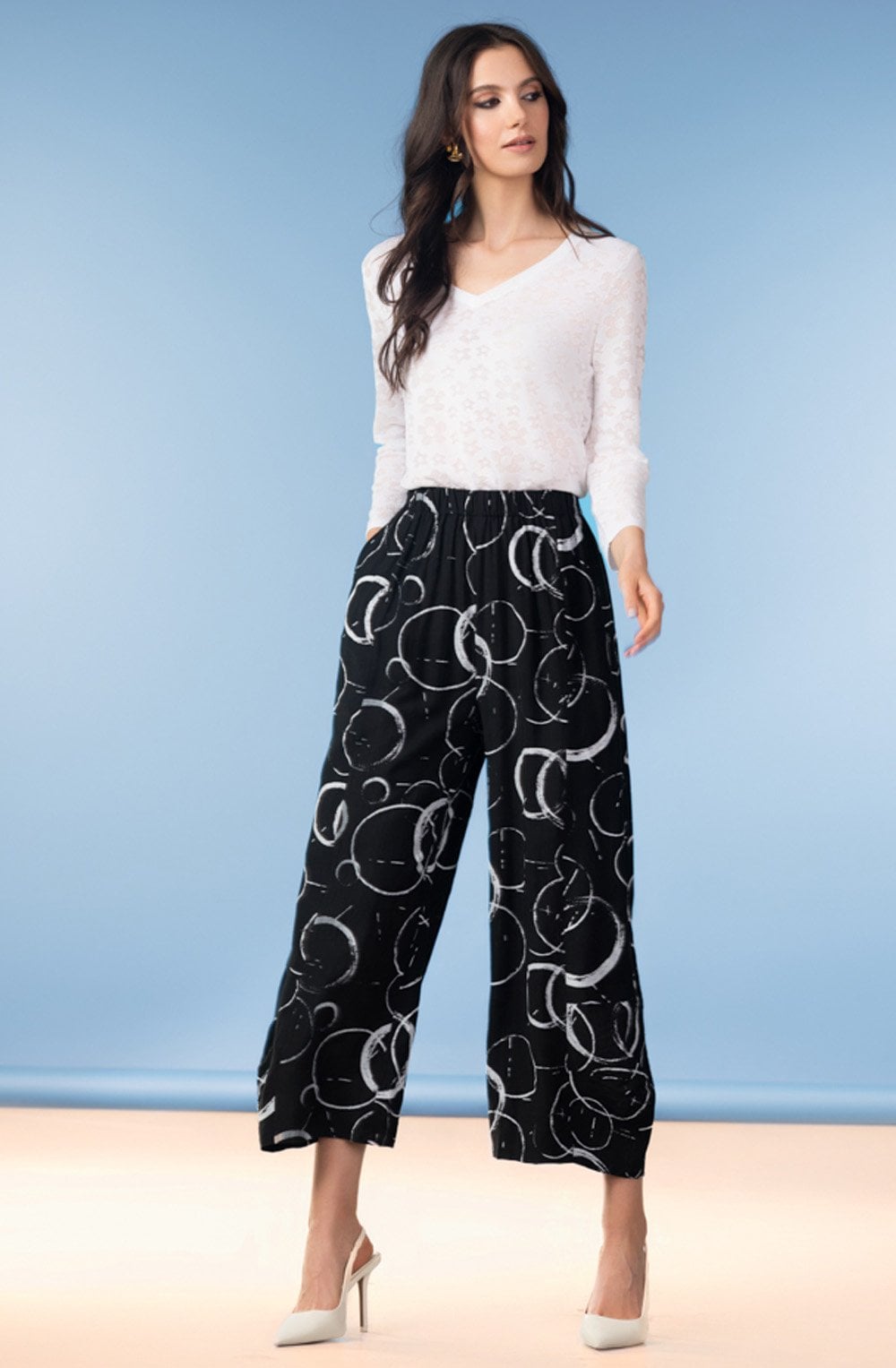 Black Circle Print Wide Leg Trousers