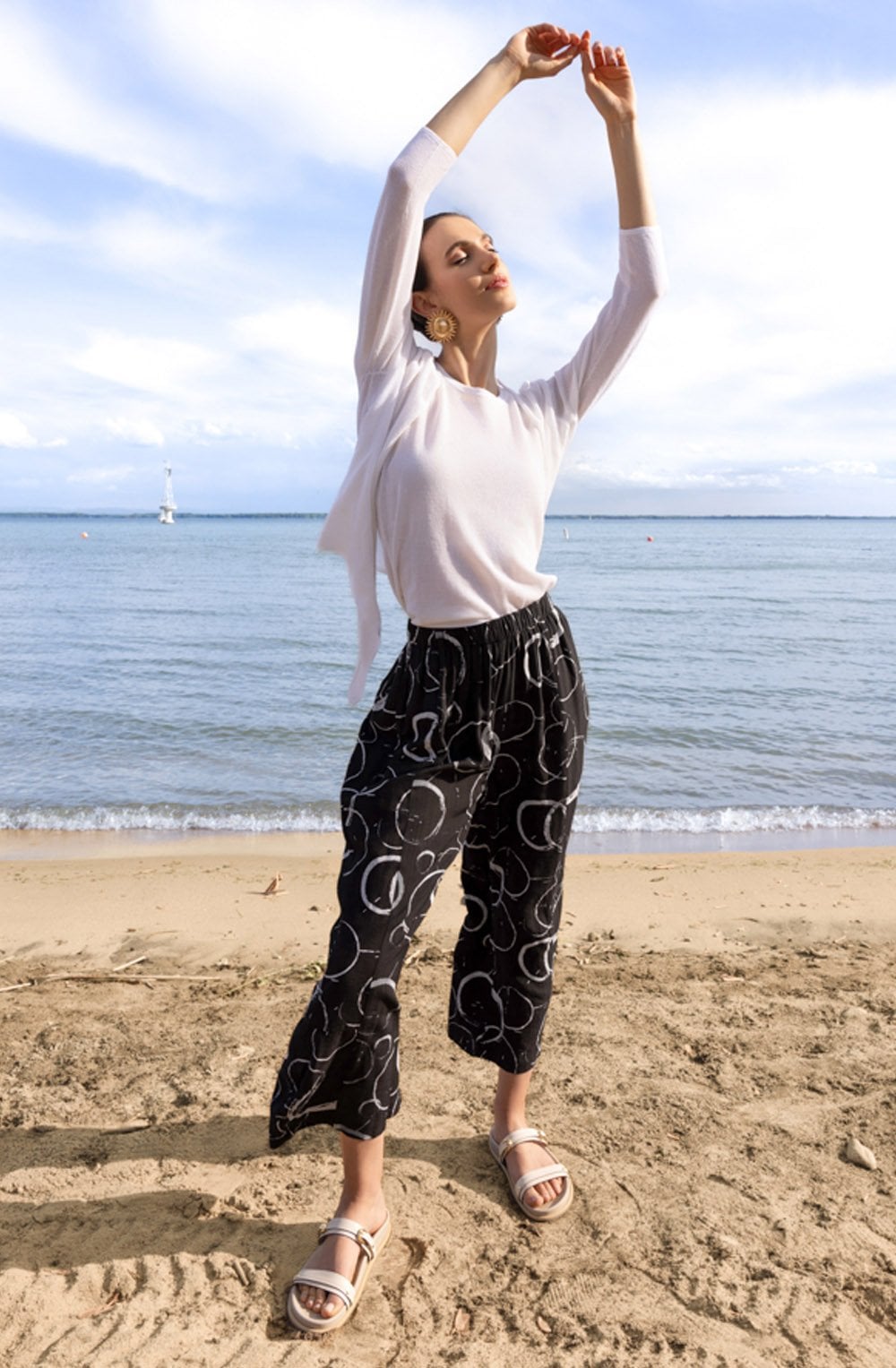 Black Circle Print Wide Leg Trousers