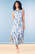 Blue Paisley Print Linen Mix Sleeveless Shirt Dress