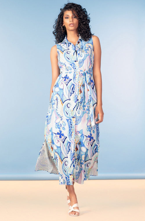 Blue Paisley Print Linen Mix Sleeveless Shirt Dress