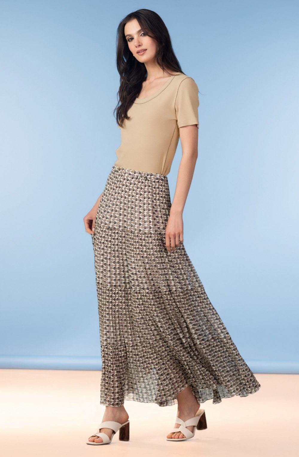 Khaki and Cream Tiered and Layered Maxi Skirt