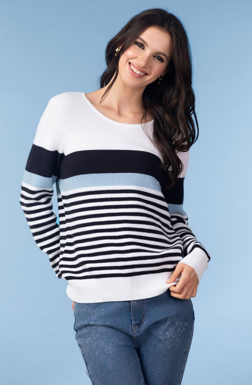 Navy and Light Blue Stripe Round Neck Jumper