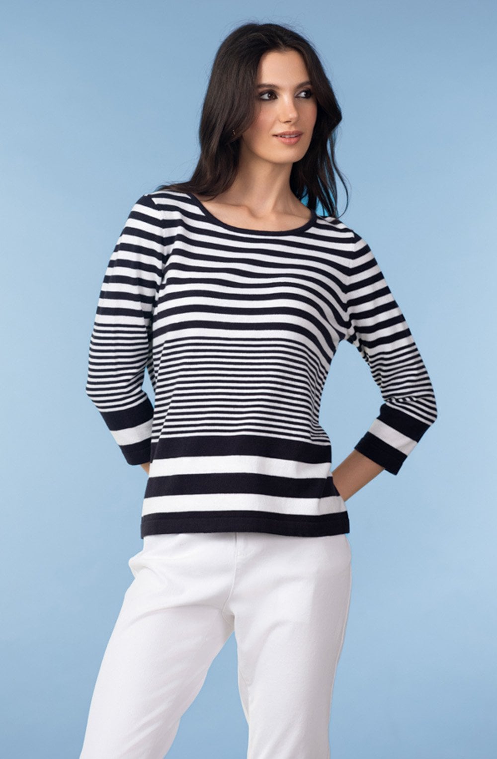Navy and White Mixed Stripe Sleeve Jumper
