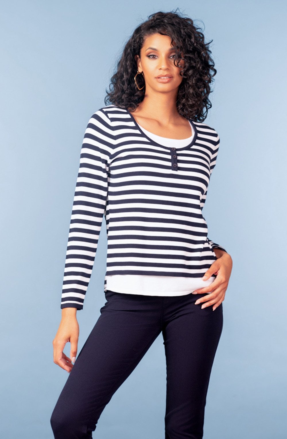 Navy and White Stripe Double Front Knitted Top
