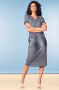 Navy and White Striped Jersey V Neck Dress