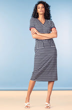 Navy and White Striped Jersey V Neck Dress