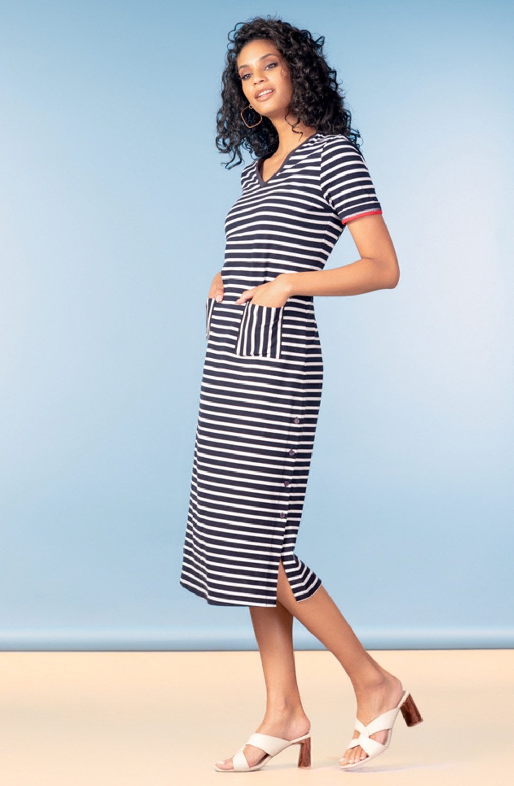 Navy and White Striped Jersey V Neck Dress