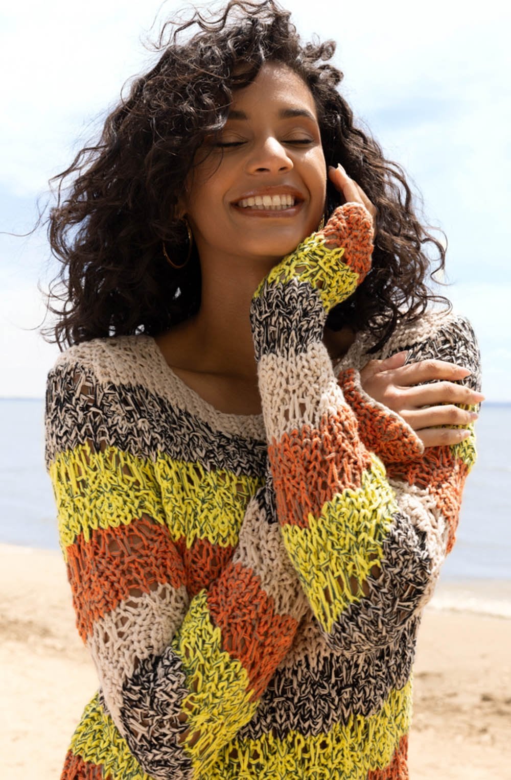 Sand and Orange Stripe Crochet Pullover