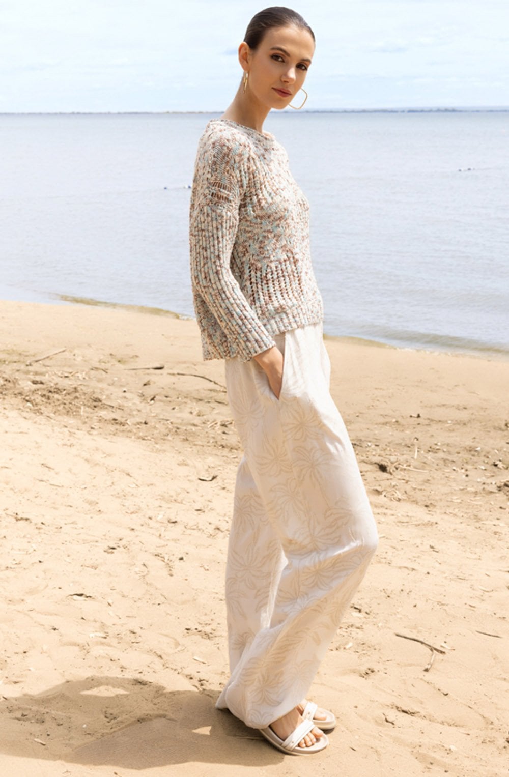 Sand Floral Print Wide Leg Trousers