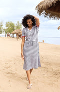 White and Navy Striped Jersey V Neck Dress