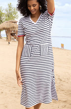 White and Navy Striped Jersey V Neck Dress