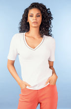 White Ribbed Jersey V Neck T Shirt