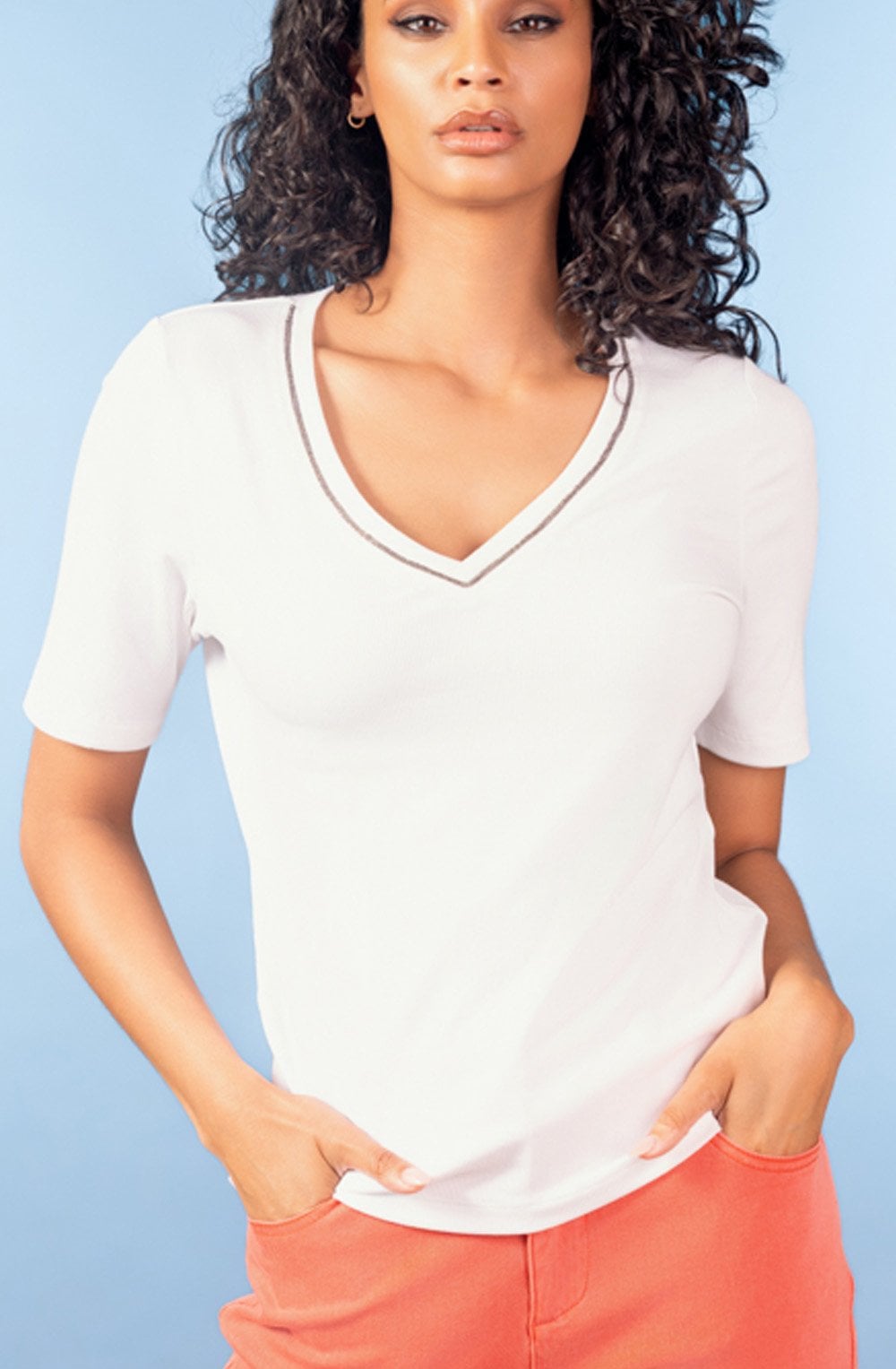 White Ribbed Jersey V Neck T Shirt