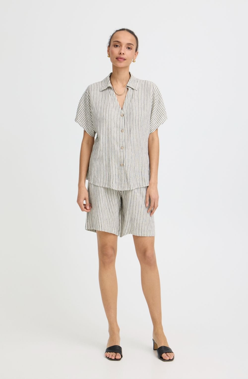 Beige and Black Stripe Linen Mix Shorts