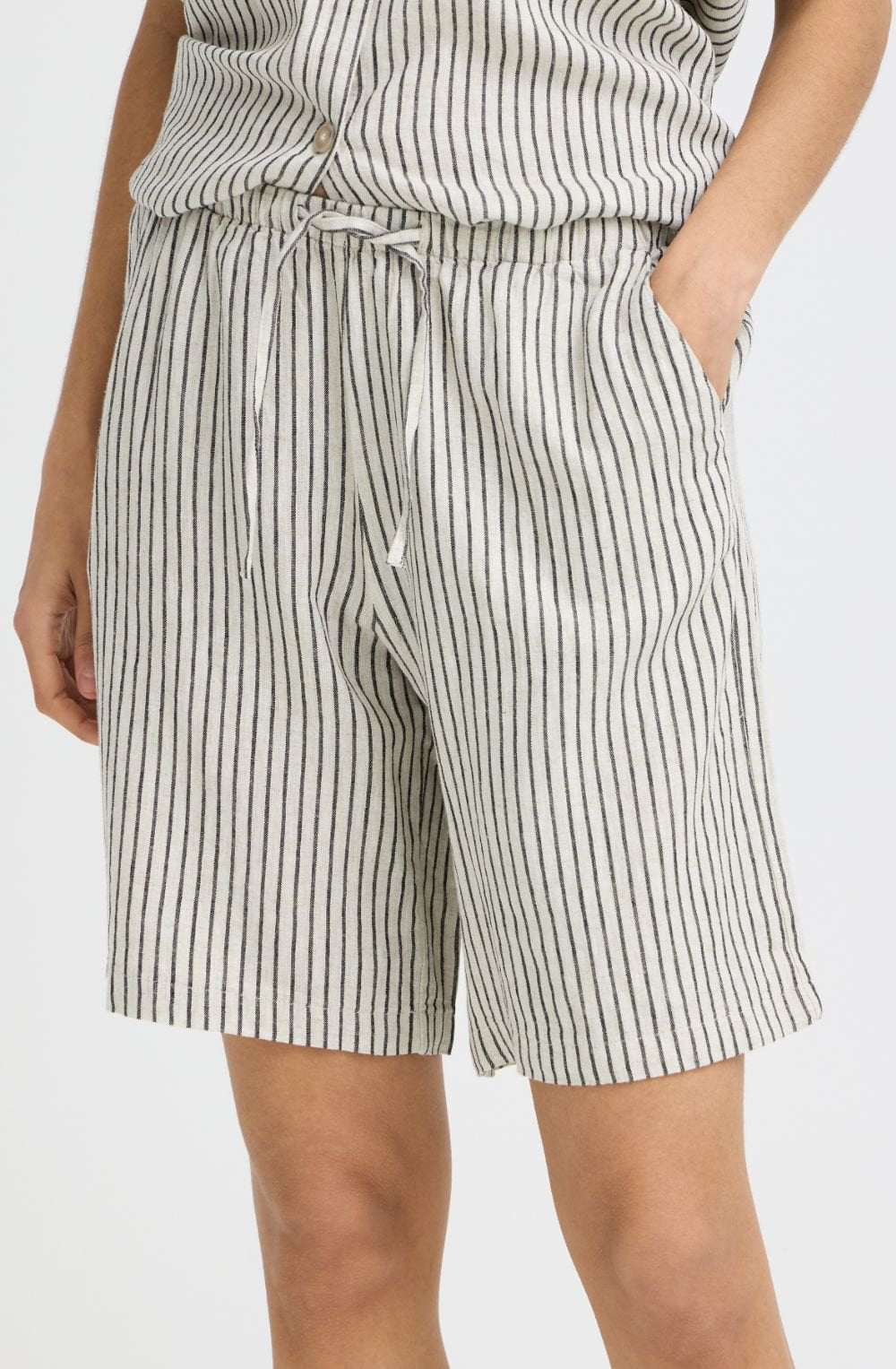 Beige and Black Stripe Linen Mix Shorts