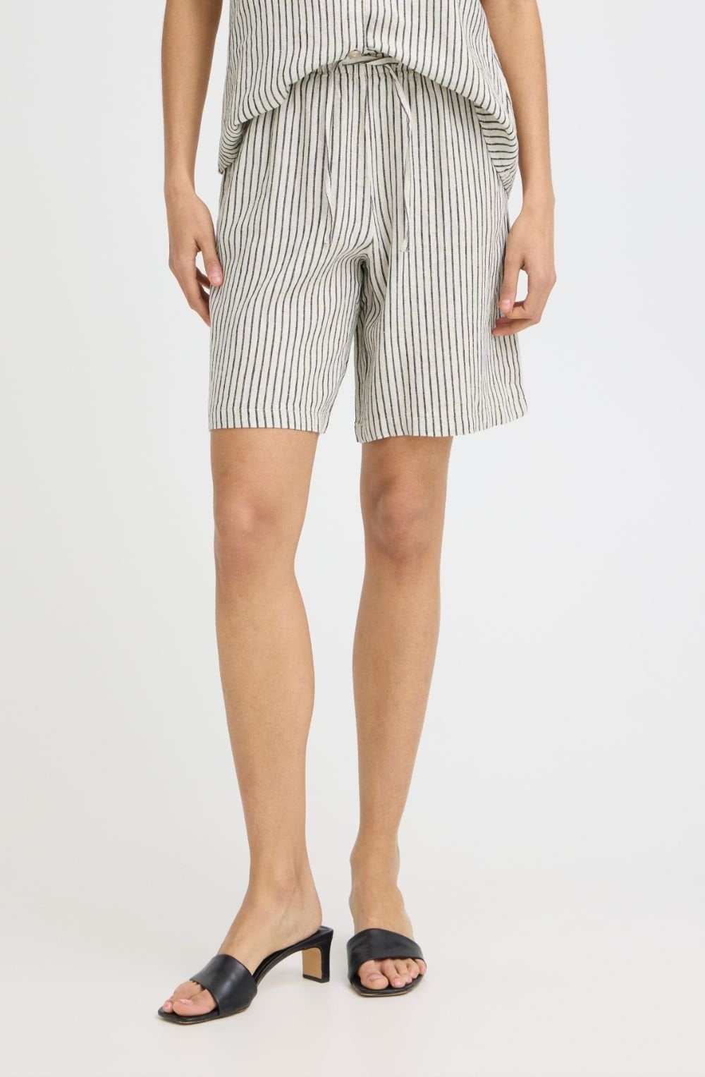 Beige and Black Stripe Linen Mix Shorts