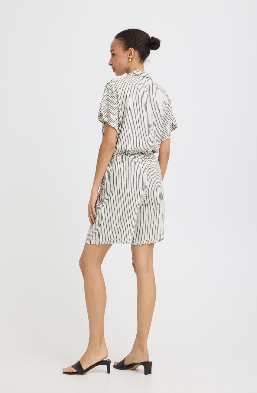 Beige and Black Stripe Linen Mix Shorts