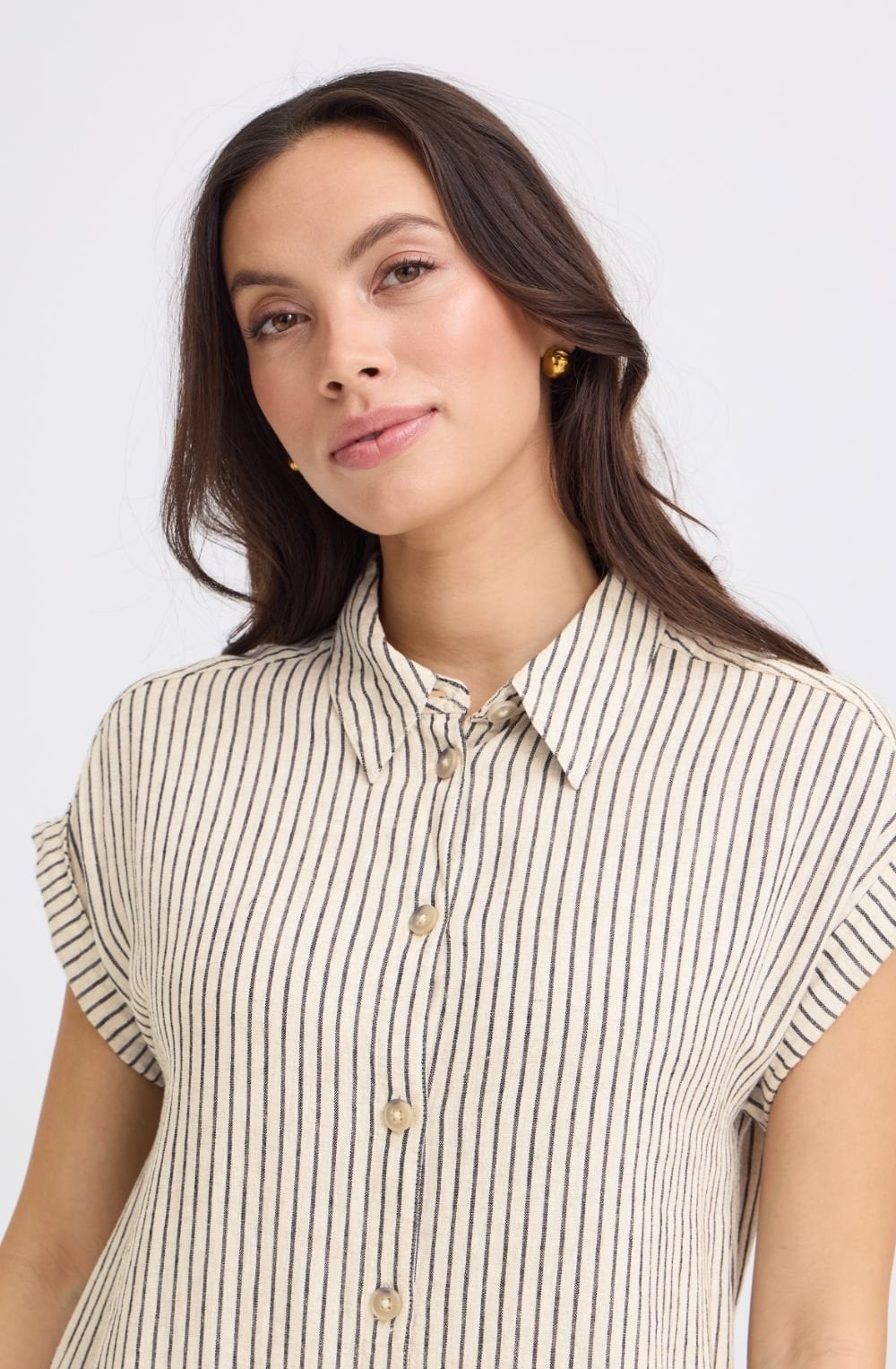 Beige and Black Striped Linen Mix Shirt Dress