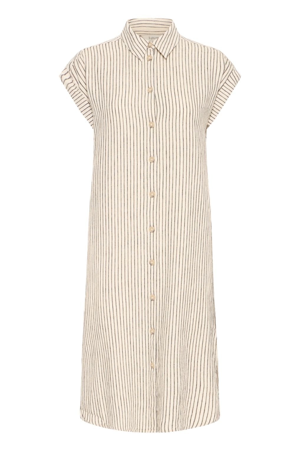 Beige and Black Striped Linen Mix Shirt Dress