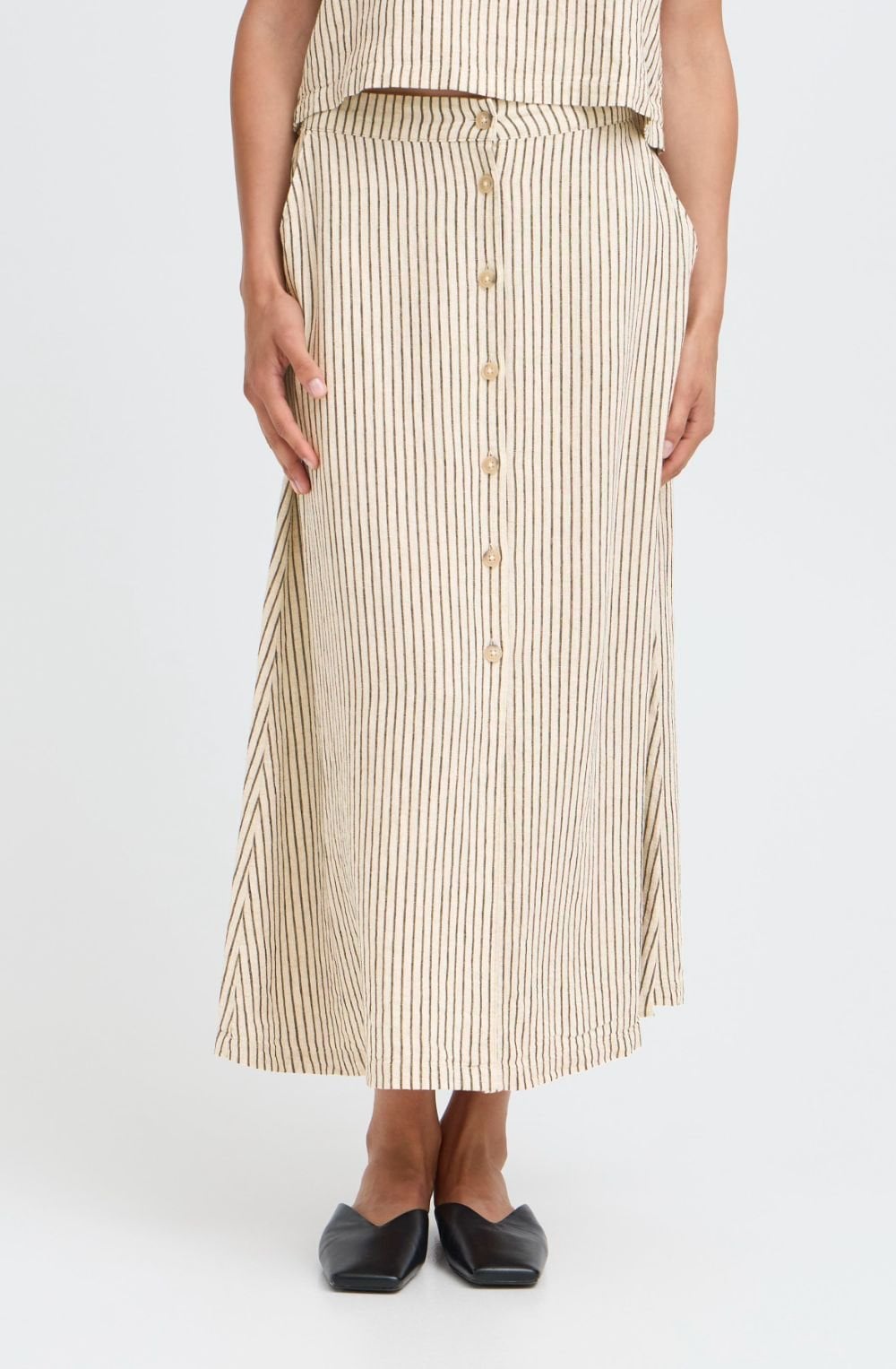 Beige and Black Striped Linen Mix Skirt