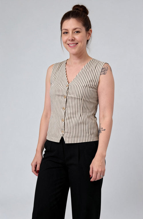 Beige and Black Striped Linen Mix Waistcoat