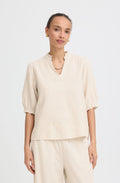 Beige Melange Linen Mix Short Puff Sleeve Top