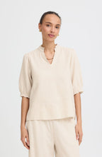 Beige Melange Linen Mix Short Puff Sleeve Top