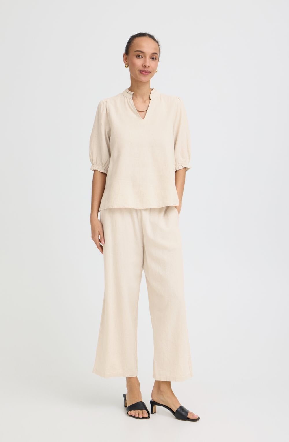 Beige Melange Linen Mix Short Puff Sleeve Top