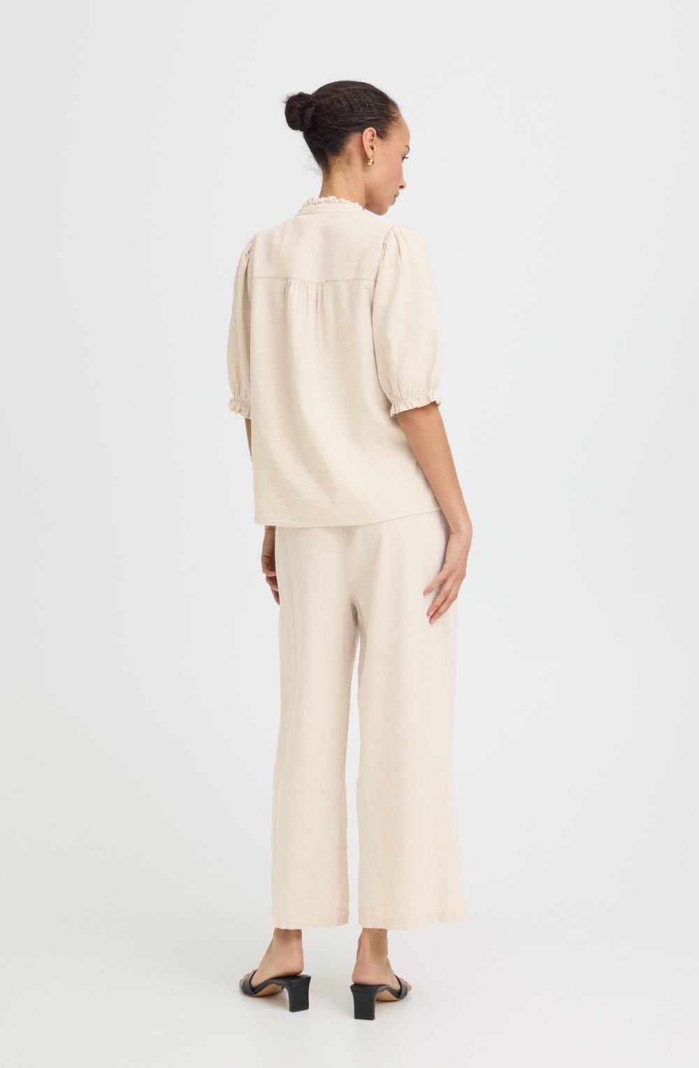 Beige Melange Linen Mix Short Puff Sleeve Top