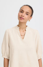 Beige Melange Linen Mix Short Puff Sleeve Top