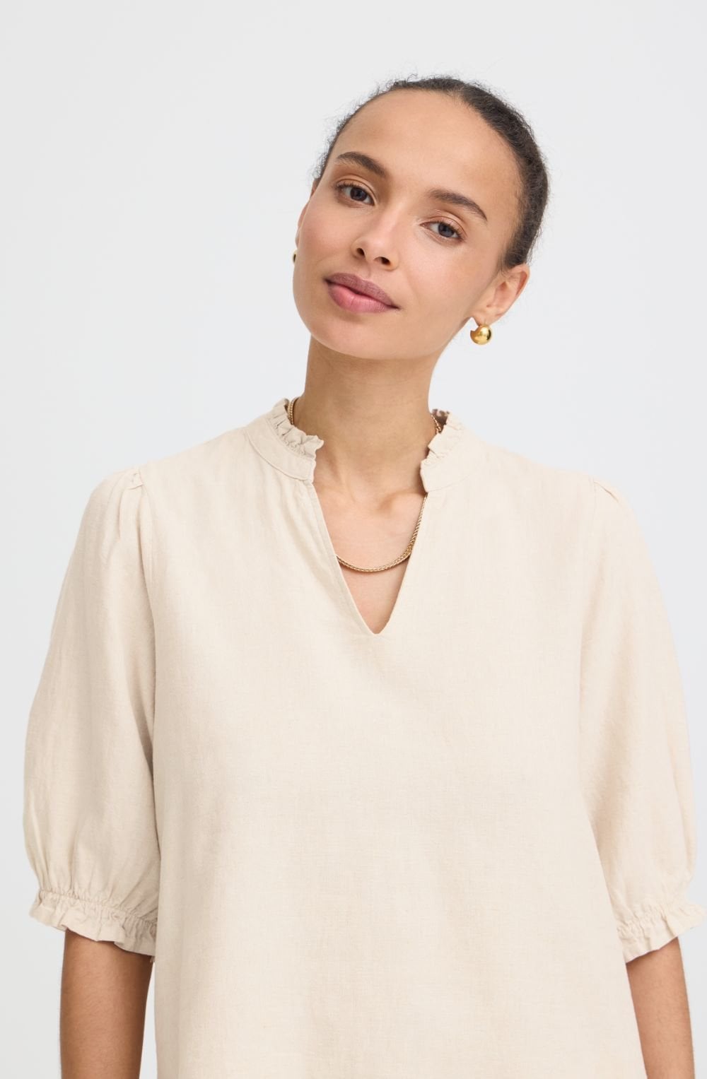 Beige Melange Linen Mix Short Puff Sleeve Top