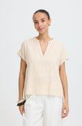 Beige Melange Linen Mix Tunic Neck Top