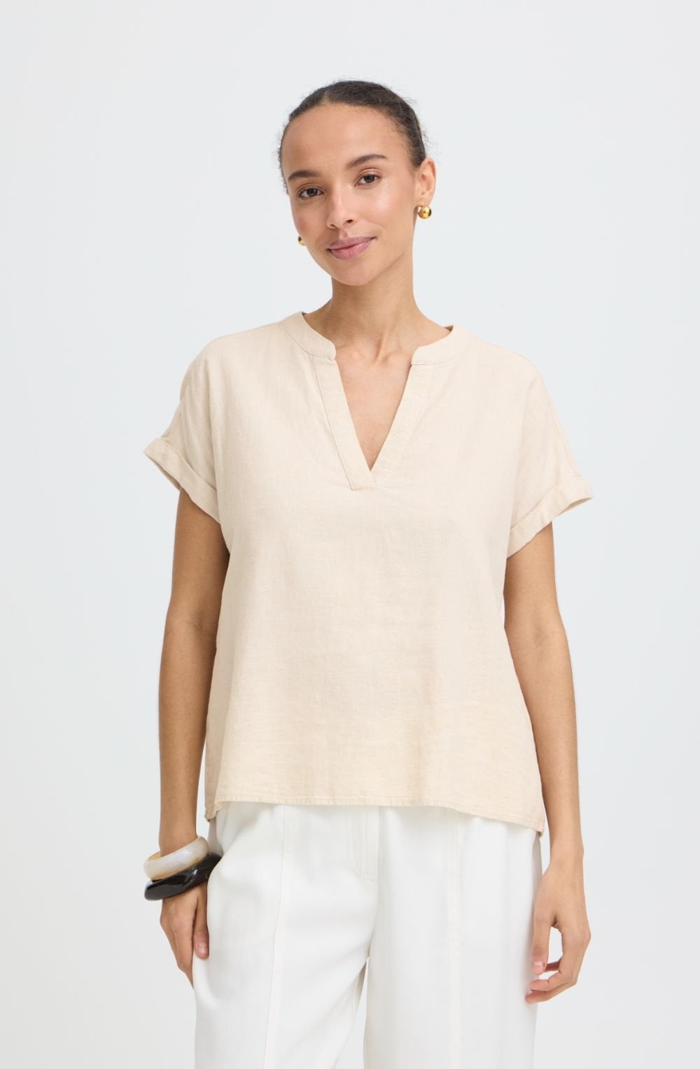 Beige Melange Linen Mix Tunic Neck Top