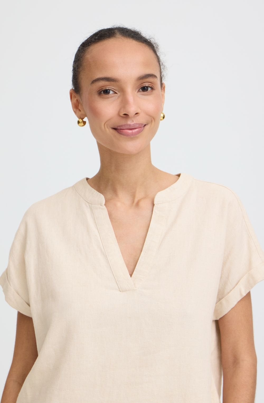 Beige Melange Linen Mix Tunic Neck Top