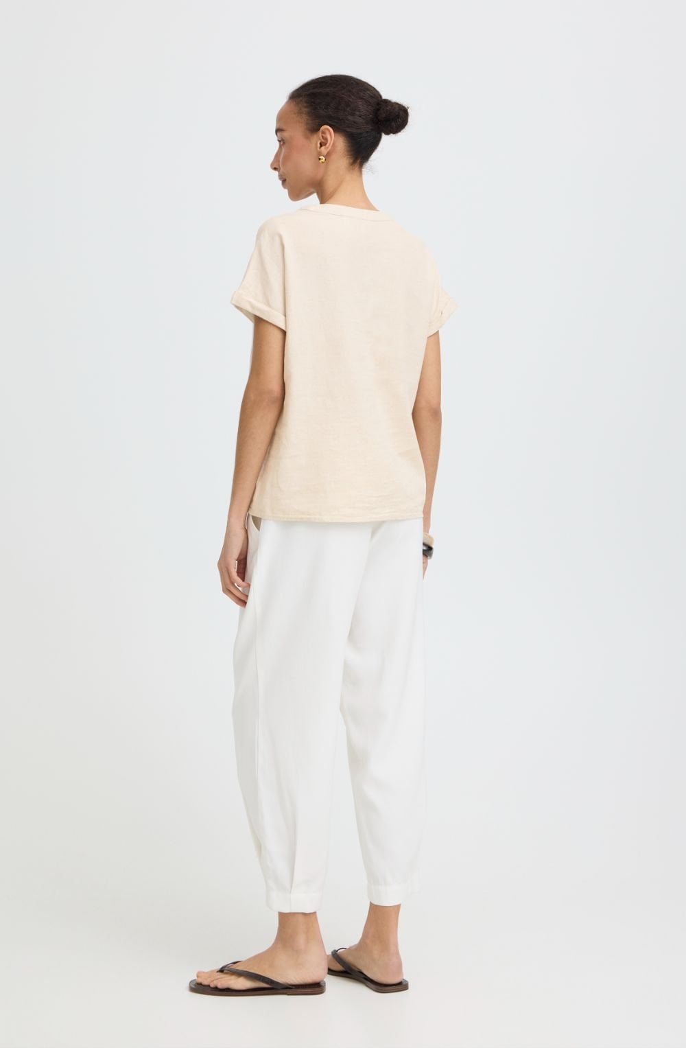 Beige Melange Linen Mix Tunic Neck Top