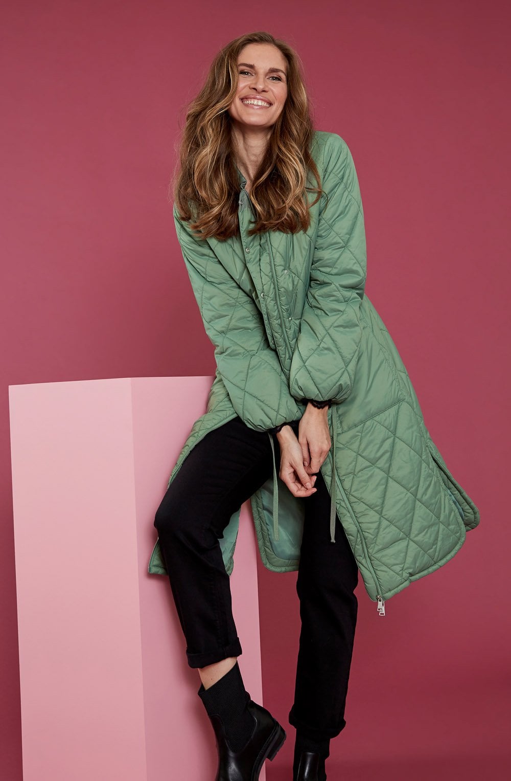 Berta Hedge Green Quilted Long Coat