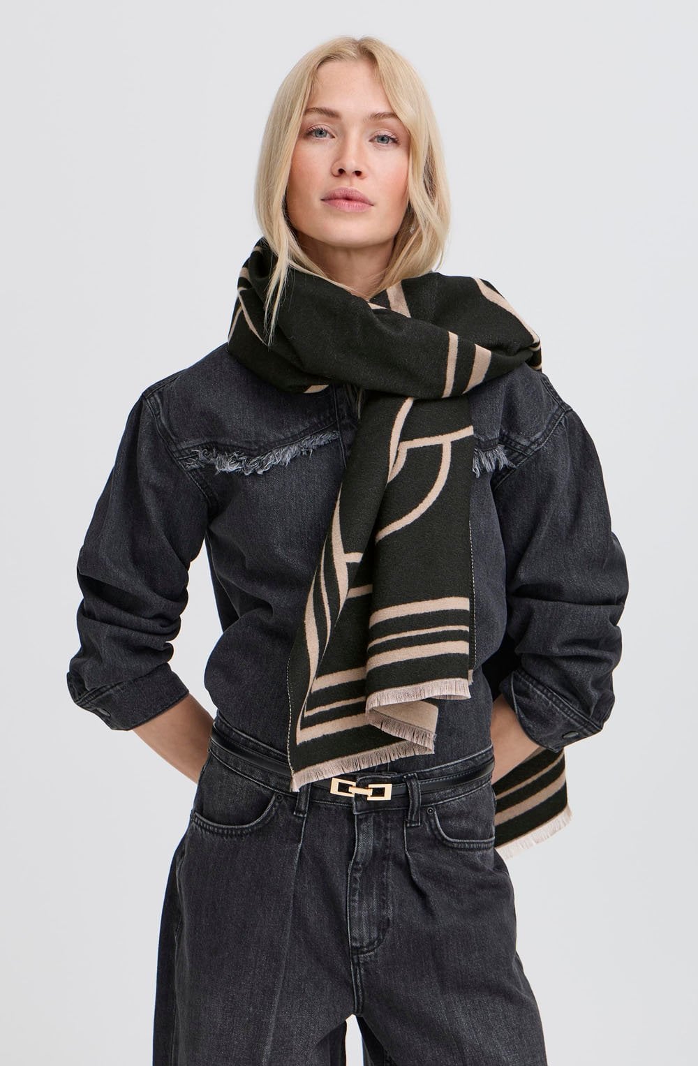 Black and Beige Vibi Logo Oversized Scarf