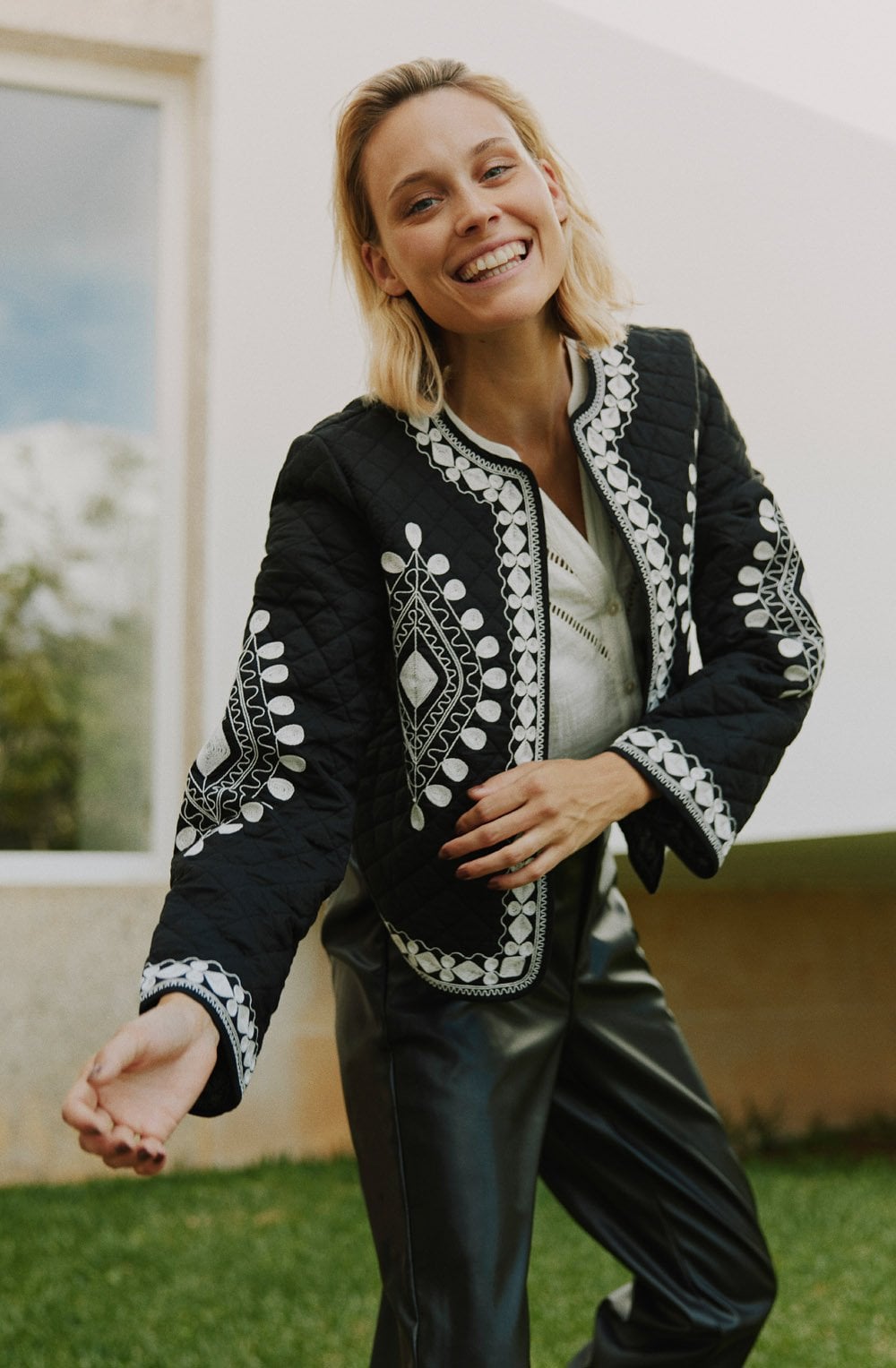 Black and White Embroidered Quilted Jacket