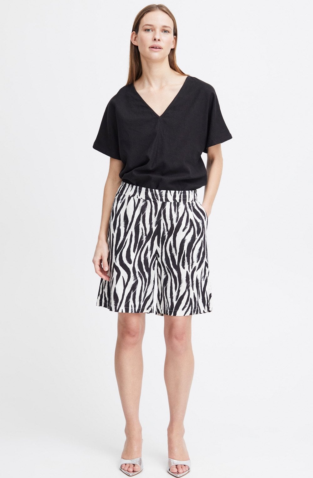 Black Animal Print Linen Mix Shorts